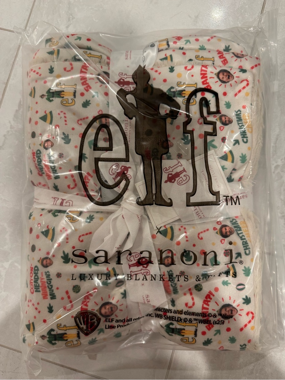 NWT Saranoni ELF Minky Lush Blanket - White w/ ELF/ Will Ferrell Print